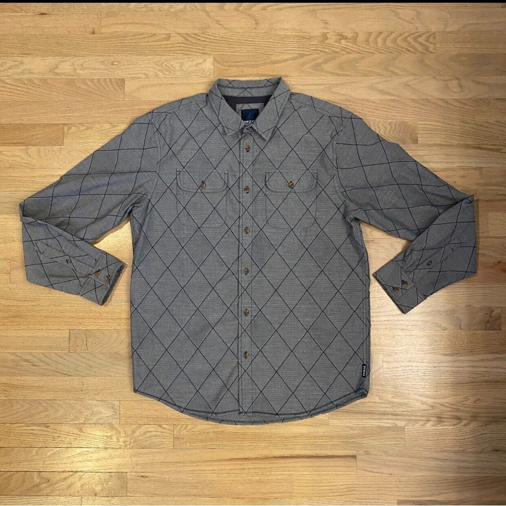 prAna Gray Cotton Blend Diamond Stripe Pattern Button Up Casual Shirt Men's L - Picture 1 of 11